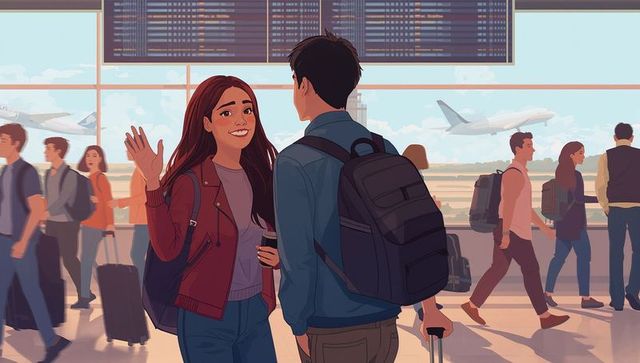 Young Couple Saying Goodbye at Busy Airport Terminal with Luggage and Departure Board