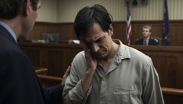Emotional defendant appearing overwhelmed in courtroom while lawyer offering support