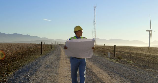 Engineer Examining Blueprint at Wind Farm - Download Free Stock Images Pikwizard.com