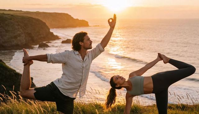 Couple practicing sunset yoga on coastal cliff balancing partner one-leg poses
