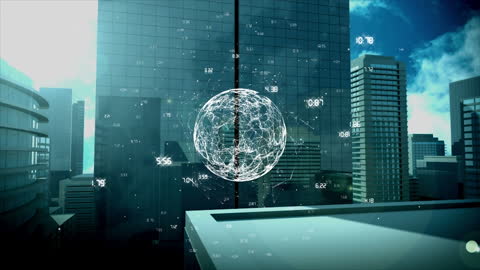 Abstract Digital Globe Over Modern Cityscape Illustrating Global Business Concepts