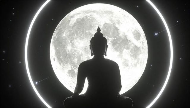 Seated buddha silhouette framing lunar halo, meditating under full moon sky