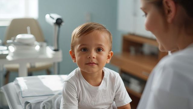 Toddler sitting on exam table looking at nurse during pediatric clinic checkup with sunlight