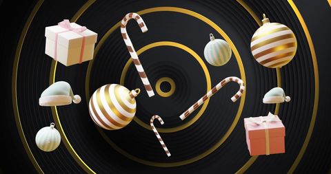 Festive Christmas Decorations on Black and Gold Background