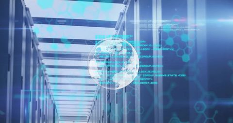 Digital Globe Overlay on Data Processing Server Rows - Download Free Stock Images Pikwizard.com