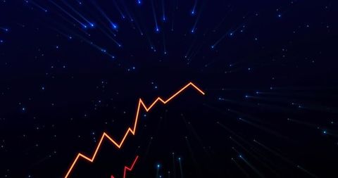 Glowing neon zigzag data line moving through cosmic navy space for fintech and analytics