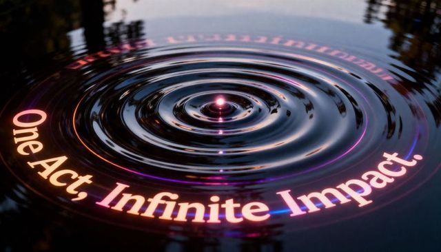 Rippling concentric water rings showing central droplet impact at dusk with neon text