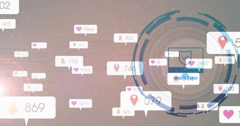 Futuristic hud display with floating notification bubbles and social analytics interface