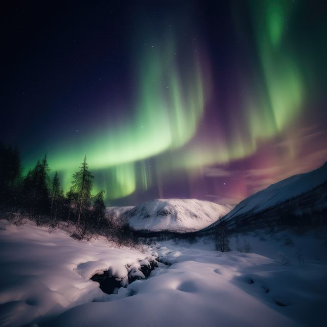 Illustrate the majesty of the Northern Lights dancing over a pristine, snow-covered mountain landscape under a starry night sky. Perfect for travel and adventure blogs, winter-themed articles, and celestial phenomenon features. Can also be used in presentations and websites promoting arctic tourism and natural wonders.