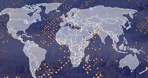 Global Connectivity Highlighted on Circuit-Infused World Map - Download Free Stock Images Pikwizard.com