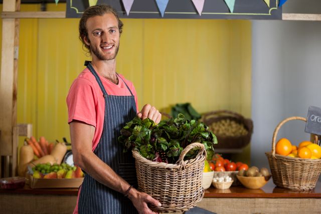 Male staff member in apron holding basket of leafy vegetables at organic supermarket. Ideal for use in promotions for healthy eating, organic produce, local businesses, sustainability, and customer service in retail settings.