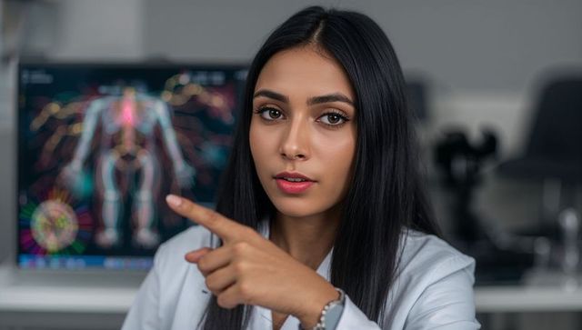 Indian clinician pointing and explaining digital anatomy on monitor in modern medical office