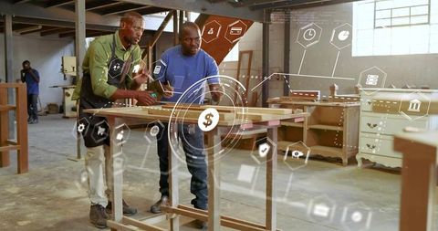 Measuring wooden frame at workshop bench with finance icons overlay, teamwork crafting
