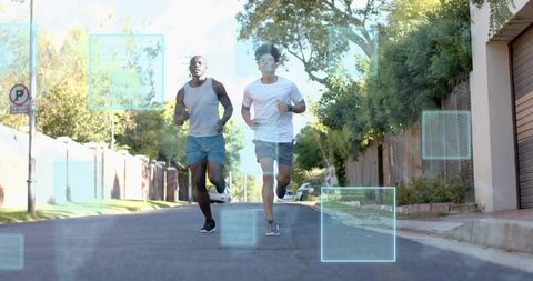 Two men running together on sunlit suburban street with AR fitness overlays