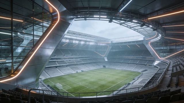 Futuristic empty football stadium interior with led lighting and glass curved architecture