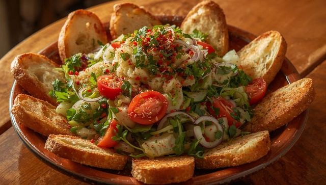 Rustic mediterranean salad with garlic crostini on earthenware plate, herbed vinaigrette