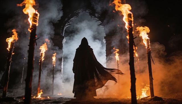 Hooded figure standing before ancient stone arch surrounded by torches and flames