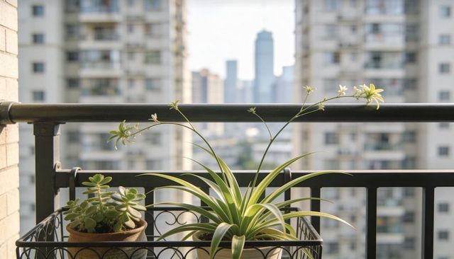 Sunlight bathing spider plant and succulent on balcony railing with city skyline