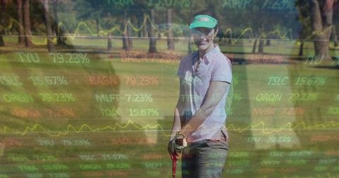 Woman golfer with financial graph overlay on fairway