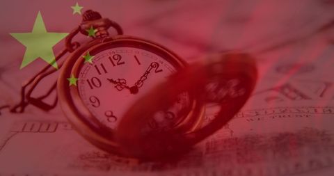 Chinese flag overlaying watch with us dollar bills flows