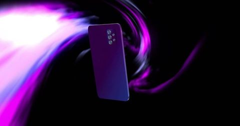 Floating gradient smartphone with quad camera and neon magenta light trails
