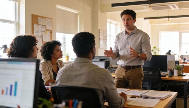 Male leader presenting to team in open-plan office during collaborative meeting