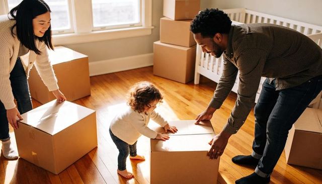 Sunlit family unpacking nursery boxes while toddler pushes cardboard box
