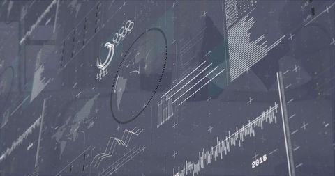 Control-room dashboard displaying global data visualization with line and bar charts