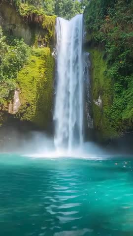 Plunging waterfall cascading into turquoise pool in mossy tropical gorge vertical video