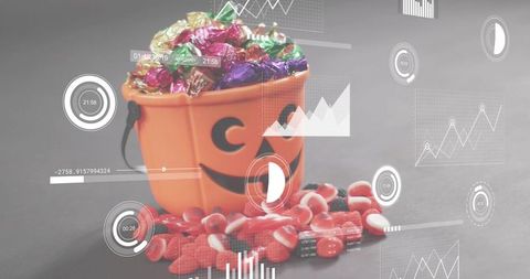 Halloween candy bucket spilling colorful foil sweets with futuristic data HUD overlay