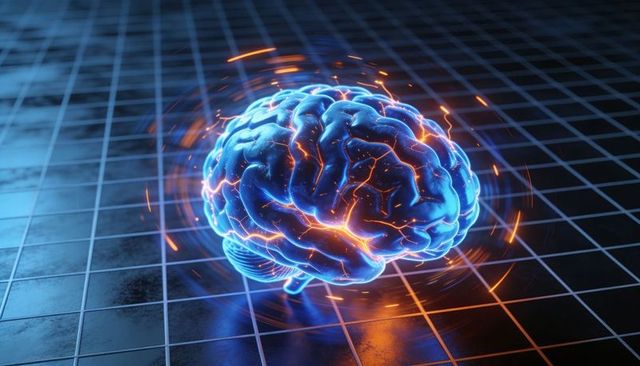 Neon-blue brain glowing with electric sparks hovering over glossy grid for AI concept