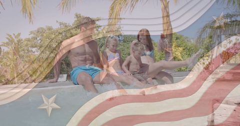 Family Enjoying Summer by Pool with American Flag Overlay