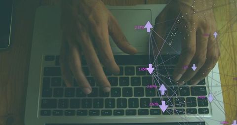 Hands typing on laptop keyboard with digital analytics overlay showing data network, metrics