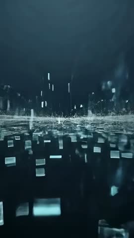 Vertical cinematic loop of rising cyan tile field over reflective void creating futuristic depth