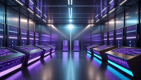 Futuristic data center with glowing console terminals for website designs