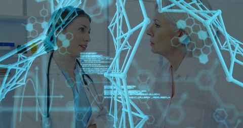 Clinician consulting with patient over holographic molecular data and lab results overlay