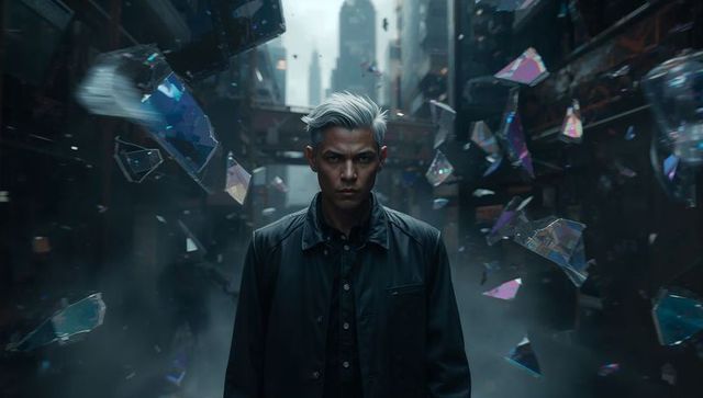 Solitary man standing in neon-drenched alley with floating iridescent glass shards