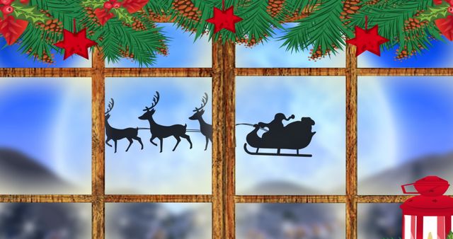 Christmas Window View with Santa's Sleigh and Reindeer - Download Free Stock Images Pikwizard.com