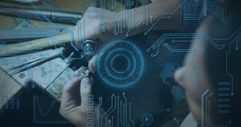 futuristic technology overlay in workshop setting - Download Free Stock Images Pikwizard.com