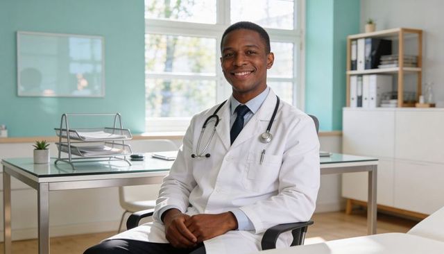 Smiling male physician wearing white coat and stethoscope in modern clinic office