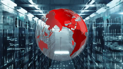 Futuristic Globe Overlay on Data Servers in Tech Environment
