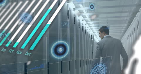 Businessman Analyzing Financial Data with Digital Interface Graphics