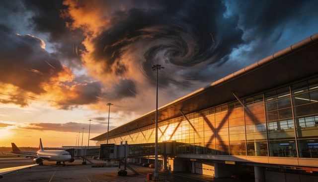 Glowing sunset reflecting on modern glass airport terminal with swirling storm vortex