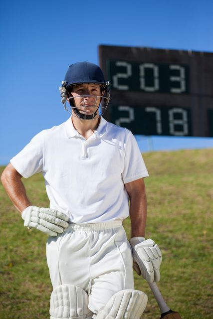 Confident cricket player with bat standing against scoreboard at field