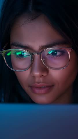 Young Woman Reacting to Laptop Glow While Analyzing Data at Night - Vertical Tech Video