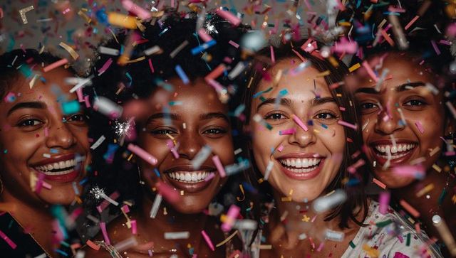 Smiling friends celebrating with colorful confetti and streamers close-up portrait