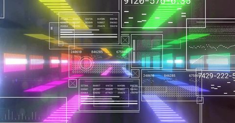 Futuristic digital ui panels in neon lit cyber tunnel