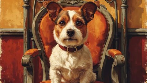 Terrier dog on vintage armchair in cozy rustic parlor
