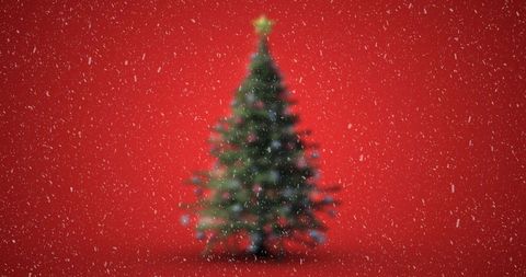 Snowfall Over Decorated Christmas Tree on Red Background - Download Free Stock Images Pikwizard.com