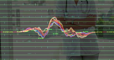 Doctor Analyzing Colorful Data Graphs on Transparent Screen